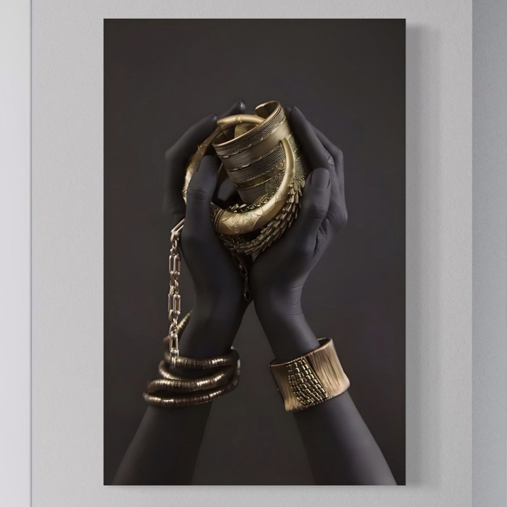 Премиум картина върху платно, LuxCanva® A1440, Златни ръце, 100 X 155 см, 100% памучно платно 400 г/м2, дървена рамка, декоративна, бижута, палми, стая, ярки цветове