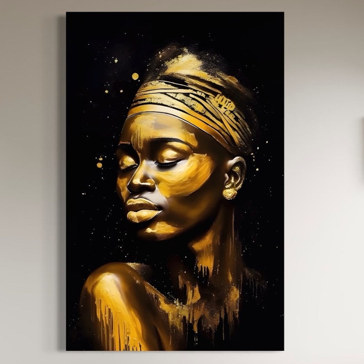 Tablou Canvas Premium, LuxCanva® A1441, African Gold, 60 X 90 CM, Panza Bumbac 100% 400g/m2, Sasiu Lemn, Decorativ, Femeie, Picatura de Aur, Buze Aurii, Room, Culori Vibrante