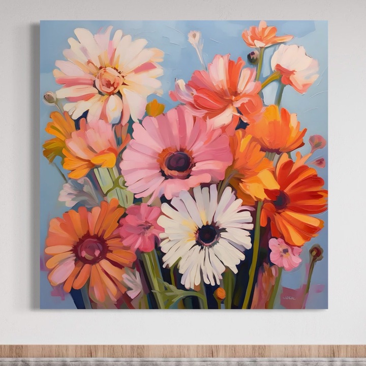 Премиум Канава Картина, LuxCanva® A1442, Диви цветя, 100 X 100 СМ, 100% Памучно платно 400гр/м2, Дървена рамка, Всекидневна, Цветен, Хризантеми, Природа, Растение, Декоративен, Ярки цветове