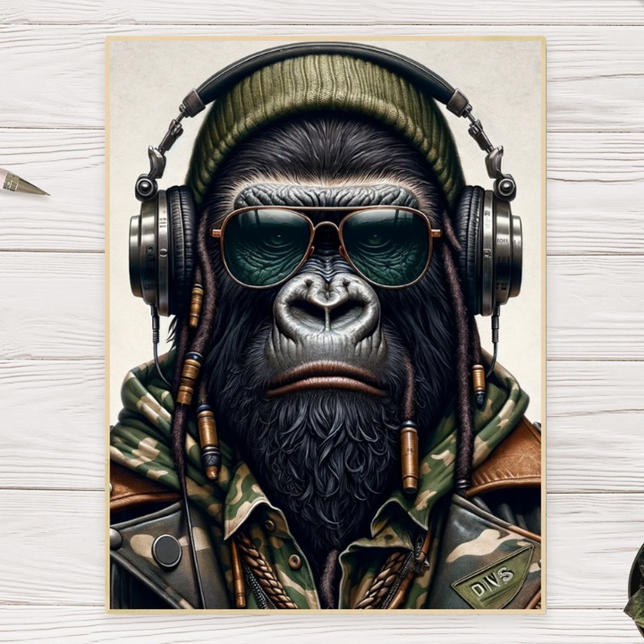 Tablou Canvas, stil abstract realist, Hipster Gorilla, tablou pe panza, 50x60 cm