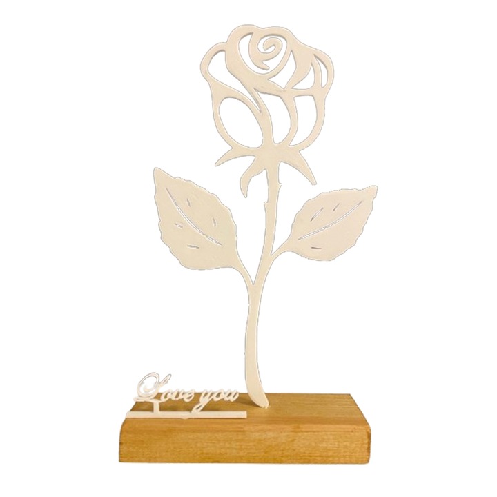 Decoratiune trandafir pe baza de lemn, 22 cm, alb, imprimat 3D