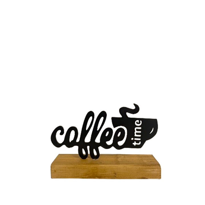 Decoratiune coffee time pe baza de lemn, 10 cm, negru, imprimat 3D