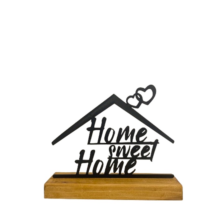 Decoratiune home sweet home pe baza de lemn, 14 cm, negru, imprimat 3D