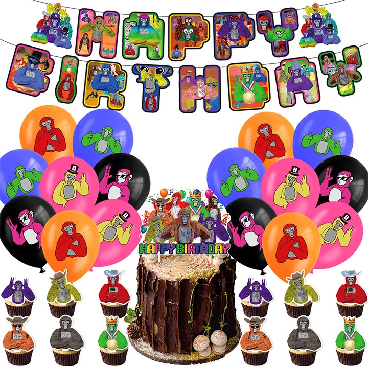 Set 16 baloane copii, Gorilla Tag, Petrecere Aniversara, Latex, 1 Banner La multi ani, 12 Cupcake Topper, 1 Cake Topper, Multicolor