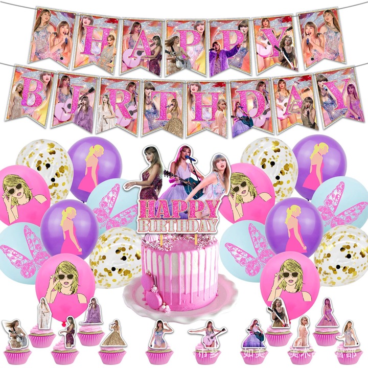 Set 16 baloane copii, Taylor Mei Mei, Petrecere Aniversara, Latex, 1 Banner La multi ani, 12 Cupcake Topper, 1 Cake Topper, Multicolor