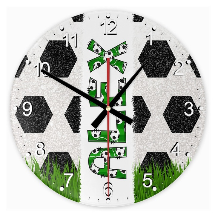 Ceas de perete circular din sticla alb fotbal Alex