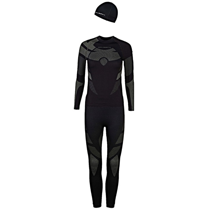 Set termic pentru copii, Brubeck, tricou cu maneca lunga, colanti, caciula, negru/grafit, Negru/Gri grafit, 140-146 CM