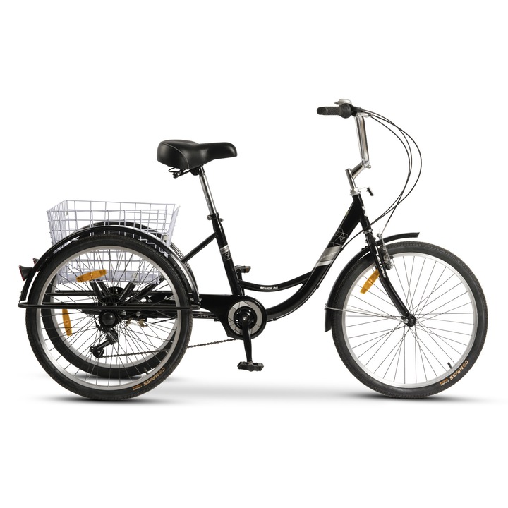 Városi tricikli, női/férfi váz, Senior MTB JSX24390, 24 colos kerék, első V-fék, hátsó dobfék, Shimano 7 sebességes váltó, fekete ezüsttel