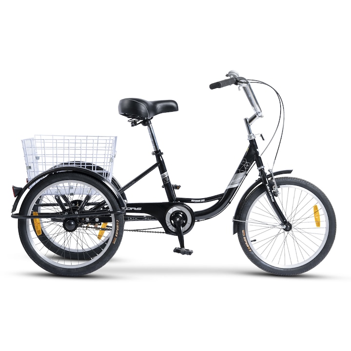 Városi tricikli, női/férfi váz, Senior MTB JSX20390, 20 colos kerék, első V-fék, hátsó dobfék, 1 sebességes, fekete ezüsttel