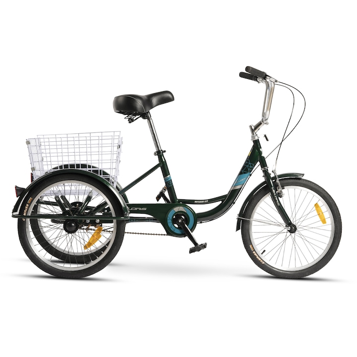 Városi tricikli, női/férfi váz, Senior MTB JSX20390, 20 colos kerék, első V-fék, hátsó dobfék, 1 sebességes, zöld ezüsttel
