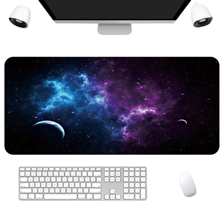 MousePad Gaming Profesional TNS®, Cauciucat, Anti-Derapant, Cusaturi Anti-Rupere, Viteza de Alunecare Marita, Model Spatial, 80x30cm