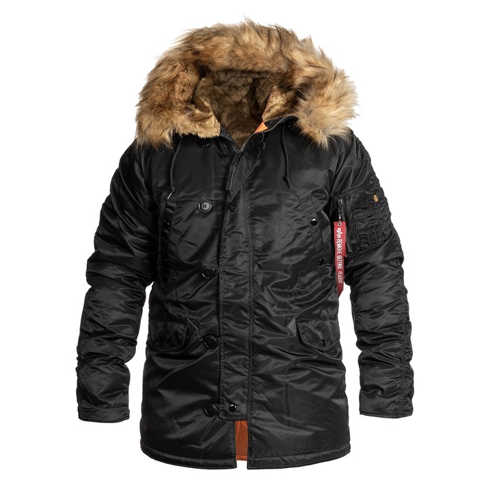 Geaca lunga de iarna, ALPHA INDUSTRIES N3B VF 59, cu gluga adanca si captuseala detasabila, Negru, Negru