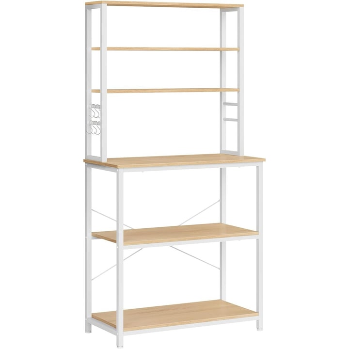 VASAGLE Raft de bucatarie cu spatiu pentru cuptorul cu microunde, 6 rafturi, otel, industrial, 40x80x167cm, maro stejar si alb