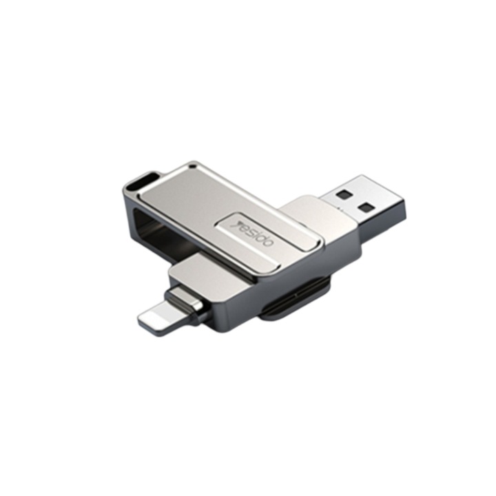 Памет 2в1, Lightning конектори, USB-A, цинк, 256GB, 5 Gbps, 360 градуса, сив
