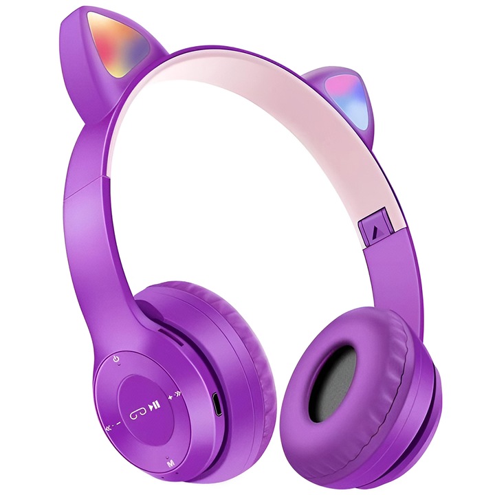Безжични слушалки Teno® Cat Model, P47M, надушни, котешки уши с RGB осветление, bluetooth 5.0, свободни ръце, HiFi, стерео бас, лилаво