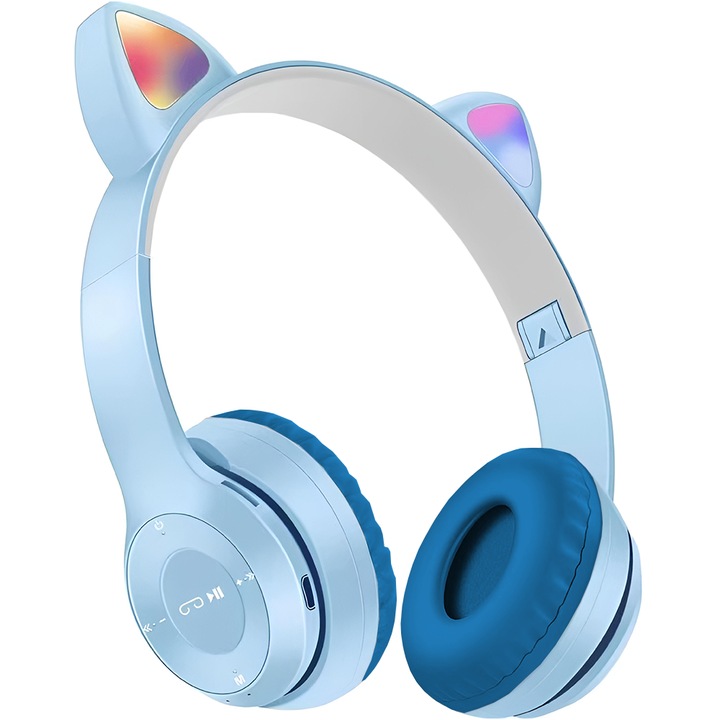 Безжични слушалки Teno® Cat Model, P47M, надушни, котешки уши с RGB осветление, bluetooth 5.0, свободни ръце, HiFi, стерео бас, светлосини
