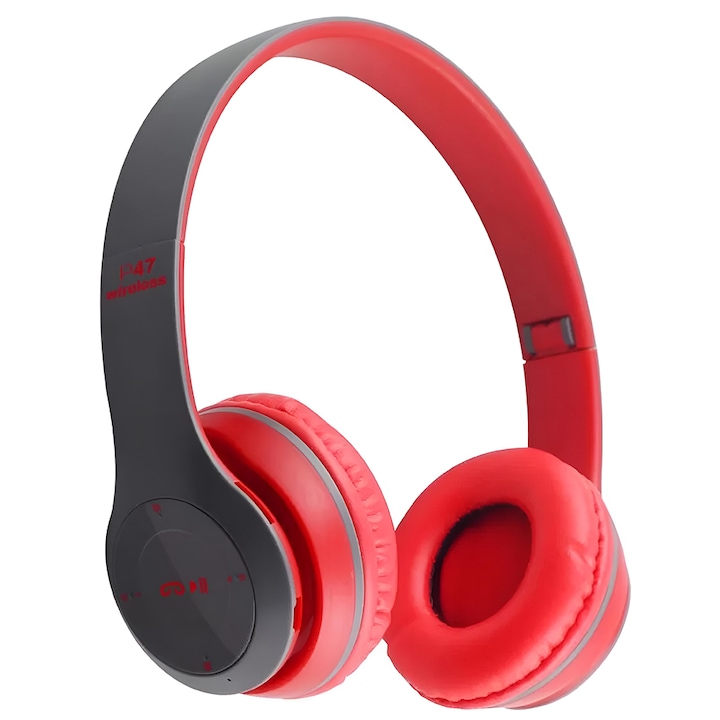 Teno® vezeték nélküli fejhallgató, P47, fülhallgató, bluetooth 5.0, 3 integrált port, kihangosító, HiFi, sztereó basszus, szürke/piros