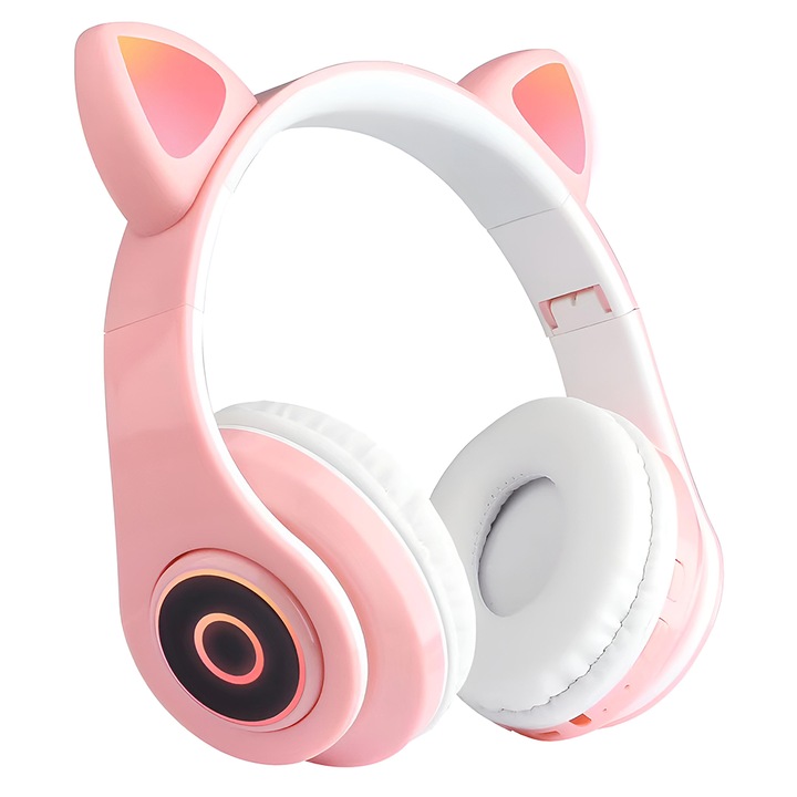 Безжични слушалки Teno, B39, overear, Котешки уши с RGB осветление, bluetooth 5.0, handsfree, HiFi, Стерео бас, Розов