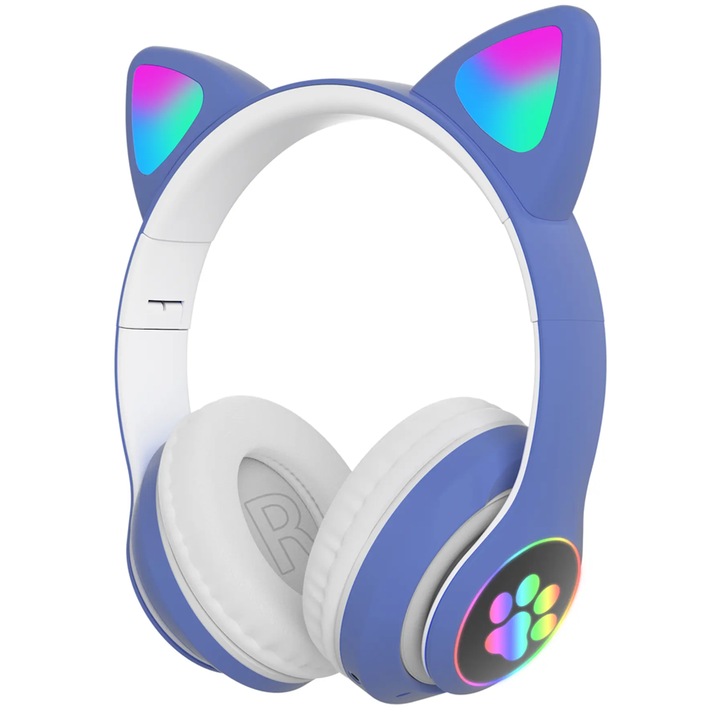 Безжични слушалки Teno® Cat Model, STN-28, надушни, котешки уши с RGB осветление, bluetooth 5.0, свободни ръце, HiFi, стерео бас, сини