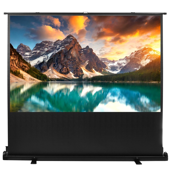 Ecran de proiectie portabil Maclean MC-964 100'', liber/podea, 16:9, Matt White, birou, prezentari, filme, conferinte, usor de transportat si asamblat, margine neagra