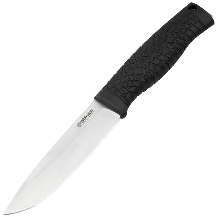 Cutit de supravietuire Boker Bronco Basic, otel CPM-3V, maner TPE negru, 113x3.5mm, teaca piele