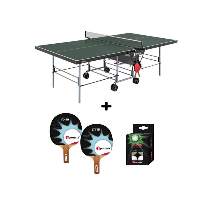 Masa tenis Sponeta S3-46i, interior, pliabila, verde cu fileu, 2 palete Sponeta Flash si mingi incluse, 19 mm, Solid Volt, suporti laterali de prindere palete si mingi