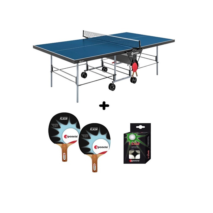 Masa tenis Sponeta S3-47i, interior, pliabila, albastru cu fileu, 2 palete Sponeta Flash si mingi incluse, 19 mm, Solid Volt, suporti laterali de prindere palete si mingi