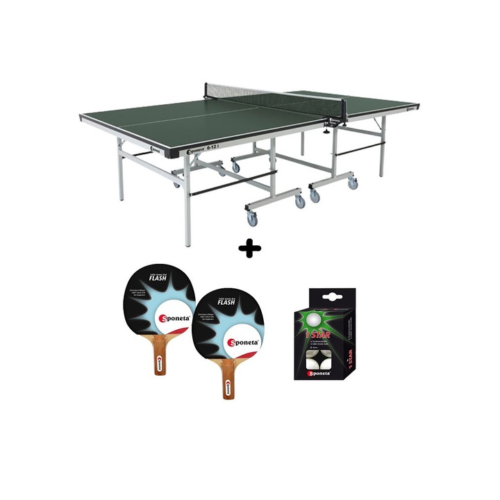 Masa tenis Sponeta S6-12i, interior, pliabila, verde cu fileu, 2 palete Sponeta Flash si mingi incluse, 22 mm, Solid Volt, suporti laterali de prindere palete si mingi