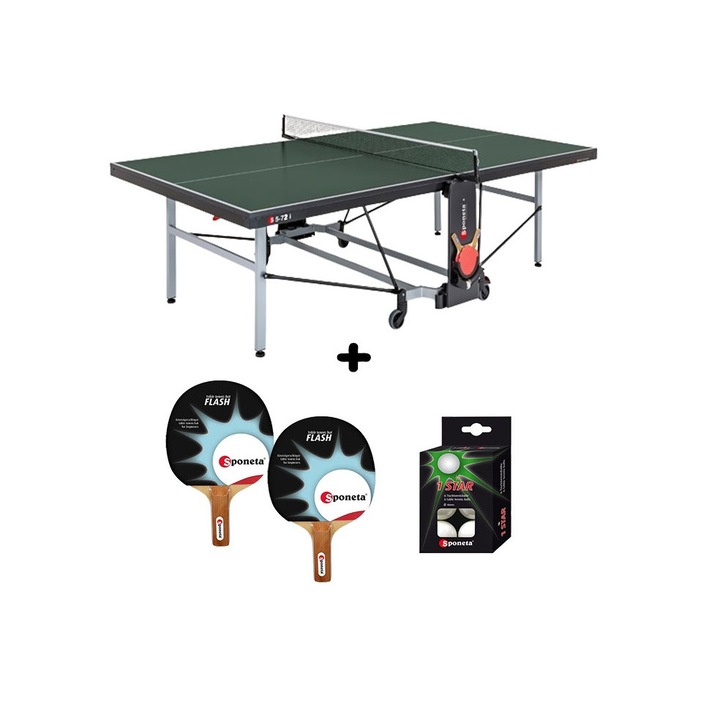 Masa tenis Sponeta S5-72i, interior, pliabila, verde cu fileu, 2 palete Sponeta Flash si mingi incluse, 22 mm, Solid Volt, suporti laterali de prindere palete si mingi