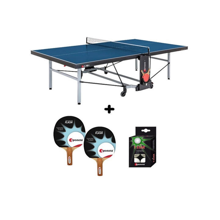 Masa tenis Sponeta S5-73i, interior, pliabila, albastru cu fileu, 2 palete Sponeta Flash si mingi incluse, 22 mm, Solid Volt, suporti laterali de prindere palete si mingi