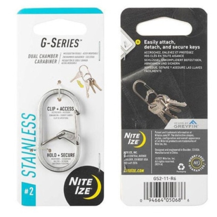 Carabina Nite Ize G-Series, 2 compartimente de siguranta, inox, argintiu, 26x51x6.5mm