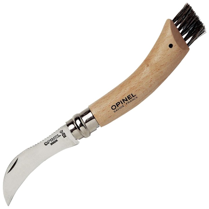 Cutit pentru culegatori de ciuperci Opinel No.8, lama curbata, perie de mistret, blocare Viroblock, lemn de stejar, 80mm