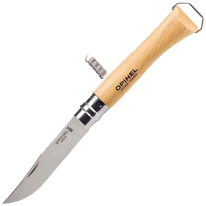 Cutit pliabil Opinel No.10, lama 10cm, lemn de fag, cu tirbuson si desfacator, Inox, 231mm