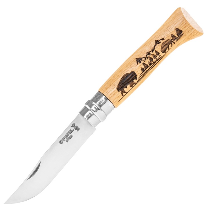 Összecsukható kés Animalia No.8, Opinel, Rozsdamentes acél / Fa, 45 g, 85 x 193 mm, Ezüst / Bézs