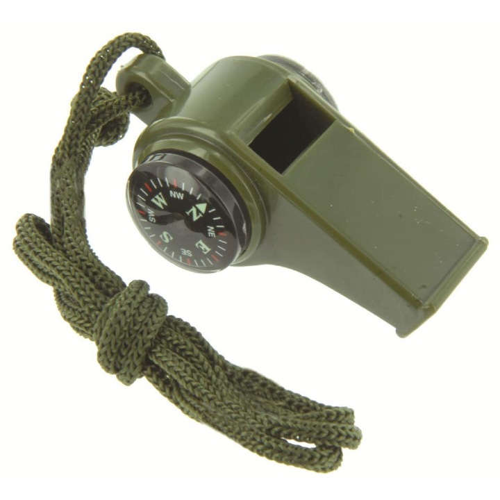 Fluier cu busola/termometru, Highlander, Plastic, 60 x 30 x 25 mm, Verde masliniu