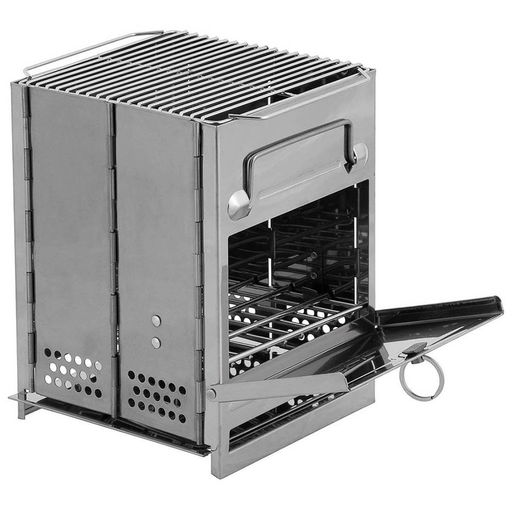 Soba pliabila cu gratar Fox Outdoor, MFH, Inox, 27 x 20 x 20 cm, Argintiu