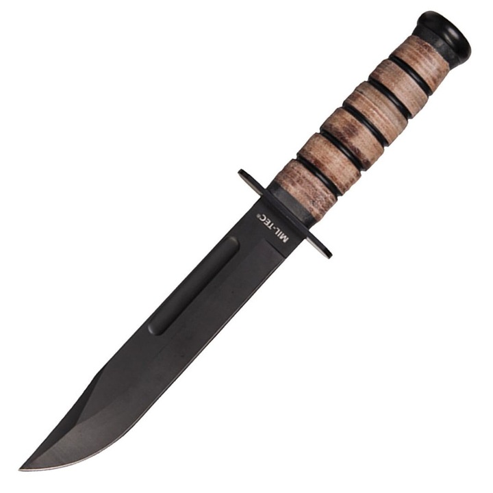 Harci kés, Mil-Tec, Rozsdamentes acél, Bőr nyél, 175 mm, 300g, Fekete