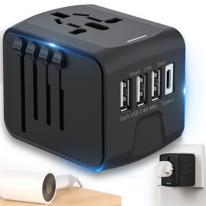 MOSMAOO® 4 USB és 1 Type-C All in one univerzális utazási konverter töltőadapter USA/Japán, Egyesült Királyság, Ausztrália/Kína, Olaszország, Brazília, Svájc, fekete számára