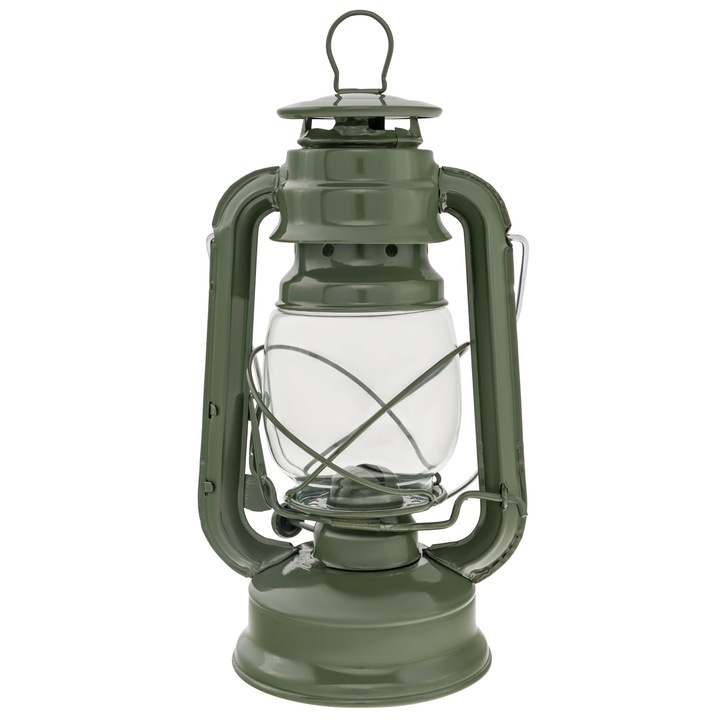 Lampa clasica cu ulei, Mil-Tec, Otel galvanizat/Sticla termorezistenta, 23cm, 370 g, Verde masliniu