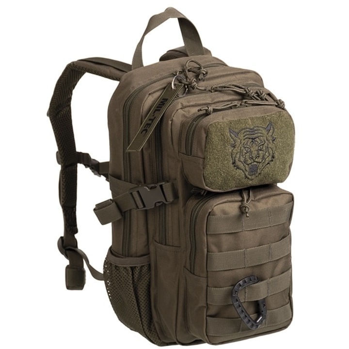 Rucsac MIL-TEC Assault Kids, rezistent la umiditate, cu buzunare, Olive, 38x23x20cm