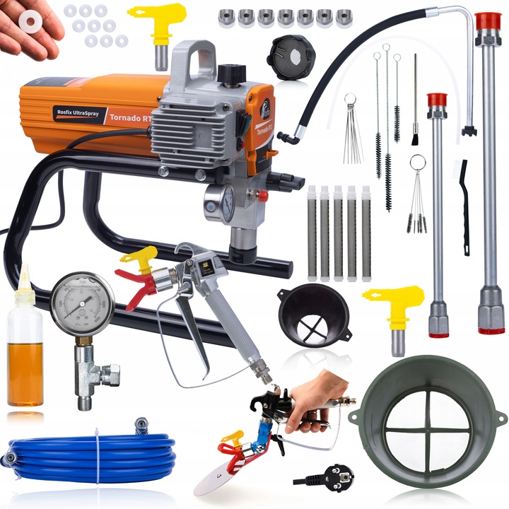 Комплект за боядисване Rosfix Tornado RT1 UltraSpray 1800W, 2 дюзи, копие 30см/50см, почистващ комплект, филтри, многоцветни