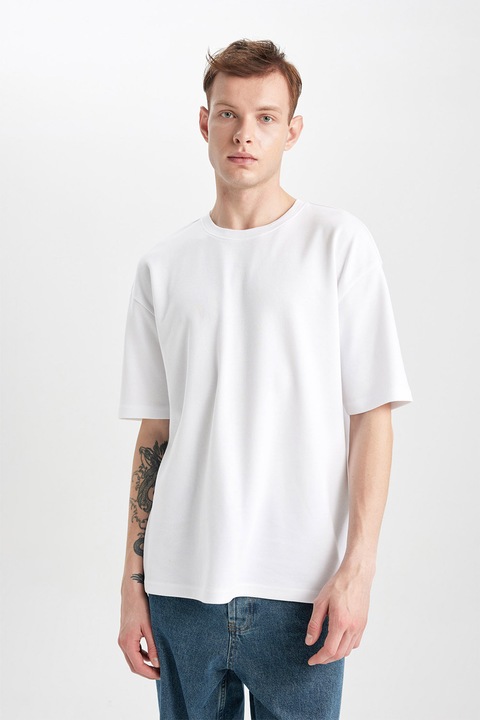 DeFacto, Tricou din amestec de bumbac cu decolteu la baza gatului, Alb optic