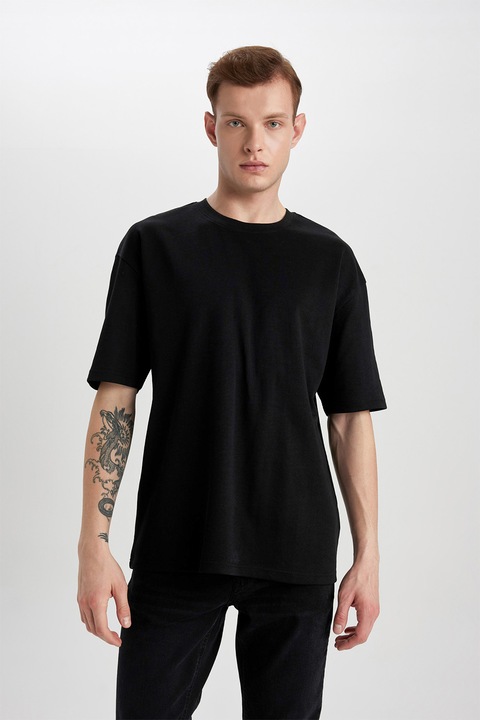 DeFacto, Tricou din amestec de bumbac cu decolteu la baza gatului, Negru
