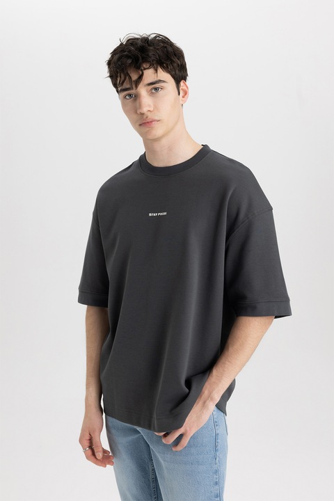 DeFacto, Tricou cu decolteu la baza gatului si maneci scurte, Gri antracit