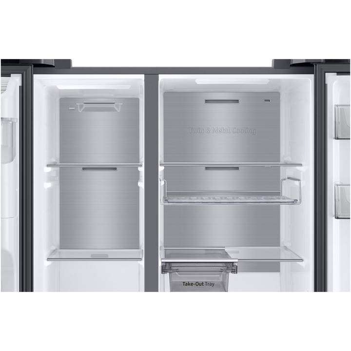 Side by side Samsung RS68CG885DB1EF, 634 l, Clasa D, Full No Frost, Twin Cooling Plus, Conversie Smart 5 in 1, Compresor Digital Inverter, Dozator apa si gheata cu racordare, Smart Things WiFi, AI Energy, H 178 cm, Dark Inox