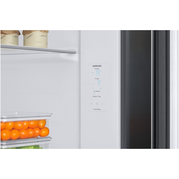Side by side Samsung RS68CG885DB1EF, 634 l, Clasa D, Full No Frost, Twin Cooling Plus, Conversie Smart 5 in 1, Compresor Digital Inverter, Dozator apa si gheata cu racordare, Smart Things WiFi, AI Energy, H 178 cm, Dark Inox