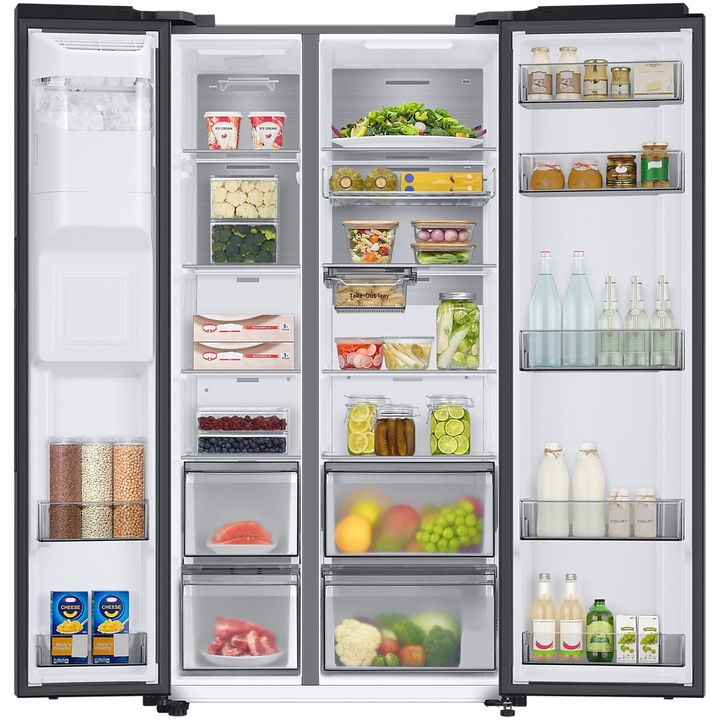 Side by side Samsung RS68CG885DB1EF, 634 l, Clasa D, Full No Frost, Twin Cooling Plus, Conversie Smart 5 in 1, Compresor Digital Inverter, Dozator apa si gheata cu racordare, Smart Things WiFi, AI Energy, H 178 cm, Dark Inox