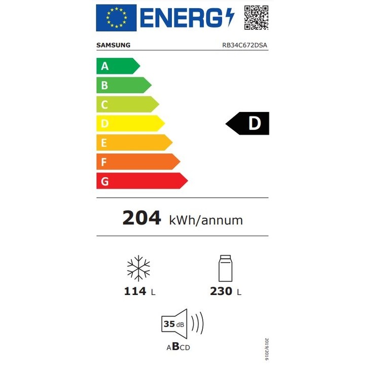 Frigider cu congelator Samsung RB34C672DSA/EF, 344 l, No Frost, clasa energetica D, Argintiu