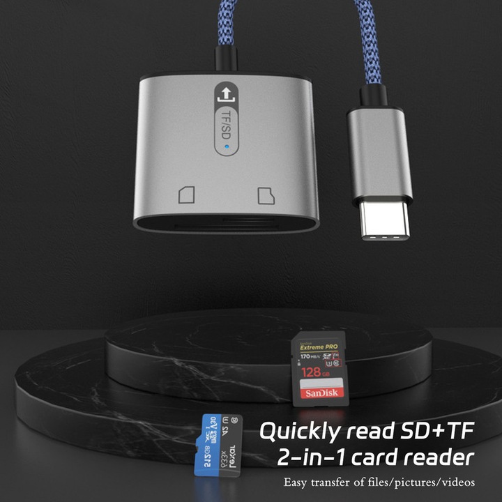 Cititor de carduri, CeruleTree, USB-C/TF/SD, Metal, GRi