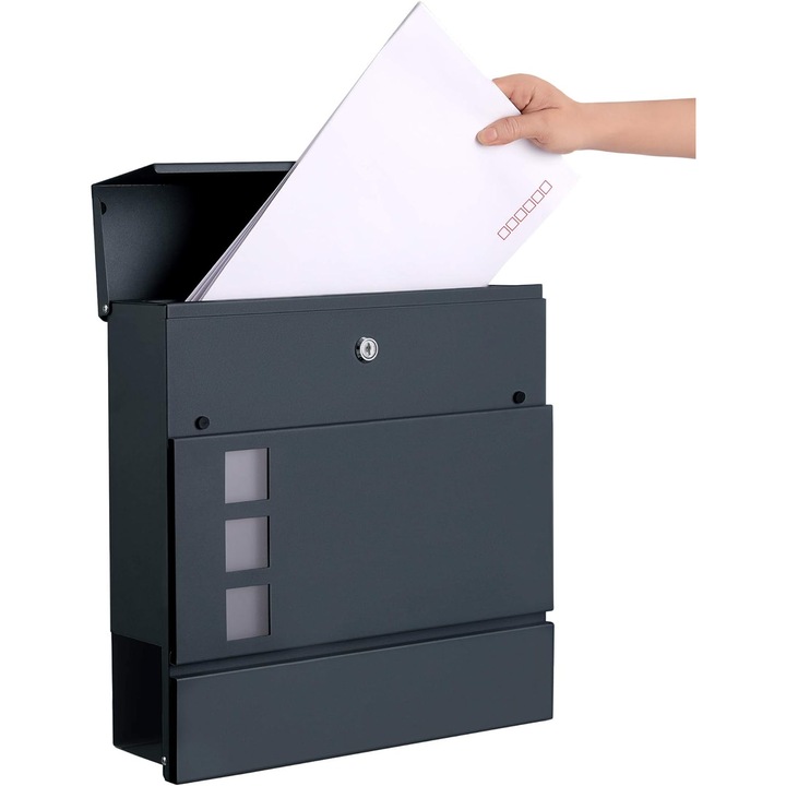 Postafiók kulccsal, 37x10,5x36 cm, fém, antracit, Songmics